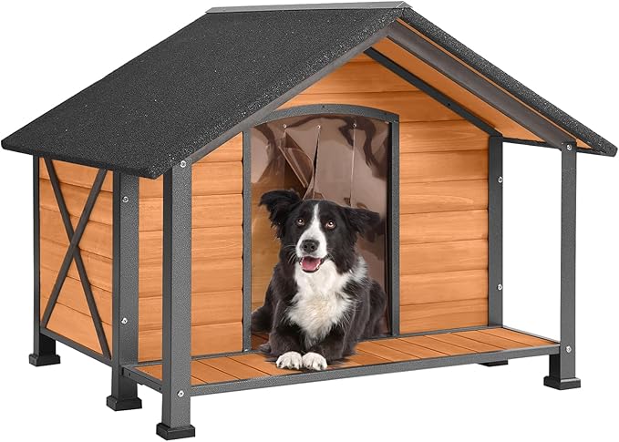 Aivituvin Dog House with Anti-Chewing Metal Frame Outdoor Large Wooden Dog Kennel Outside with Overhang Roof Large Porch Weatherproof-PawvioPets