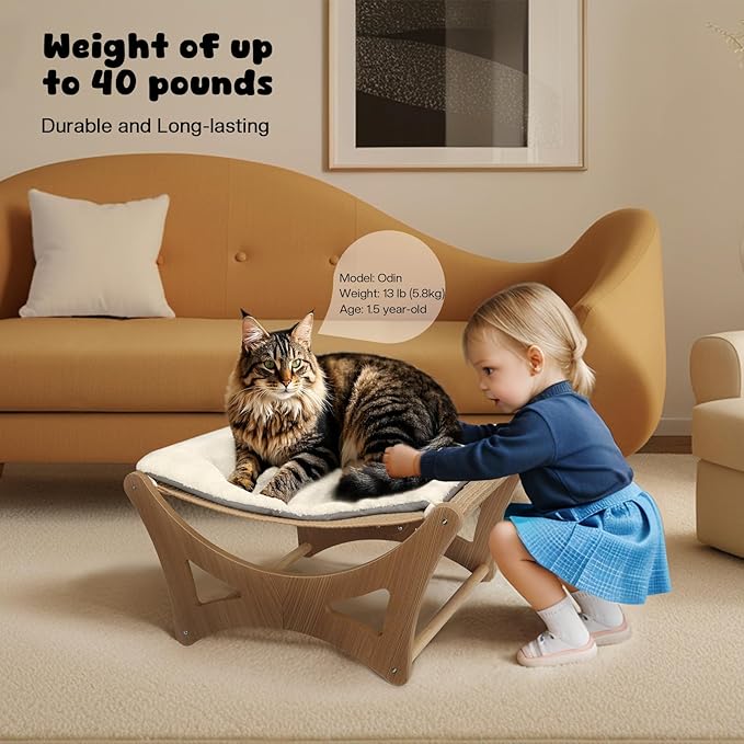 Cat Hammock Bed, Wooden Elevated Cat Beds with Natural Sisal Scratching Mat, Cats Scratcher Bed with Removable Soft Cushion, Cats Scratching Beds with Wood Frames, 22" L x 17.7" W-PawvioPets