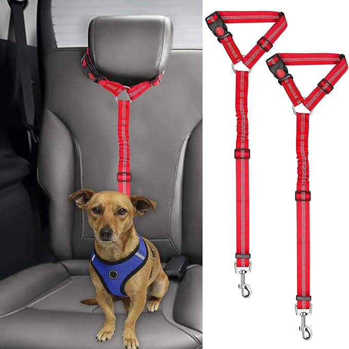 BWOGUE 2 Packs Dog Cat Safety Seat Belt Strap Car Headrest Restraint Adjustable Nylon Fabric Dog Restraints Vehicle Seatbelts Harness-PawvioPets