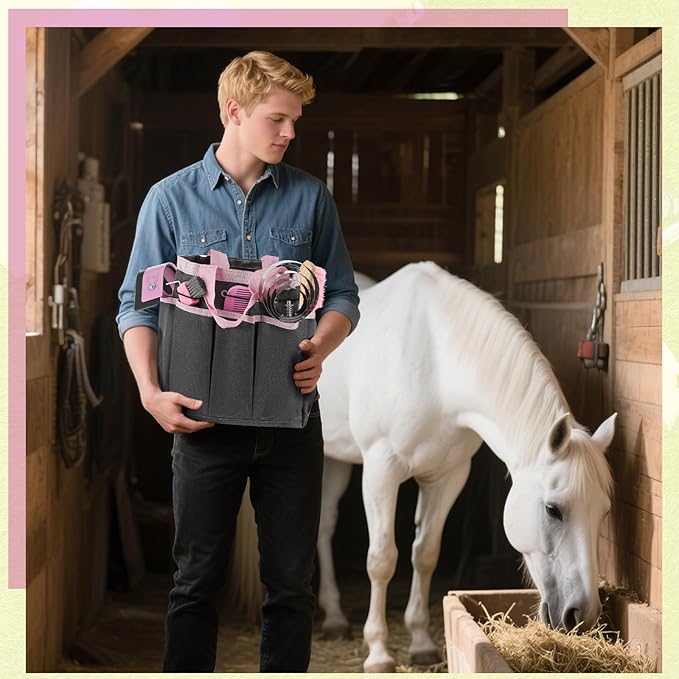 Abbylike 12 Pieces Horse Grooming Kit with Organizer Tote Bag Tack Room Supplies Horse Brush Sets Equine Care Cleaning Kit Shedding Grooming Massaging Tools(Pink and Grey)-PawvioPets