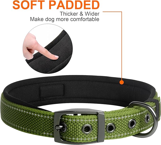 Fida Heavy Duty Dog Collar, Ultra Comfortable Soft Neoprene Padded, Adjustable Reflective Nylon Pet Collar with Durable Metal Belt Buckle for Small Breeds (S, Green)-PawvioPets
