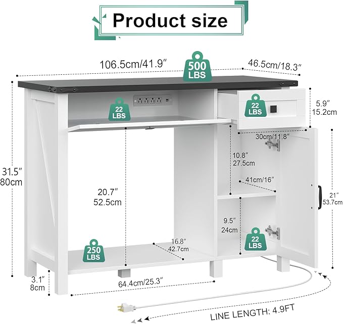 40 Gallon Aquarium Stand With Charging Station, Farmhouse Fish Tank Stand, Reptile Tank Stand Terrarium Stand with Drawer and Cabinet Storage, Sturdy Heavy Duty 41.9"×18.3" Tabletop - White-PawvioPets