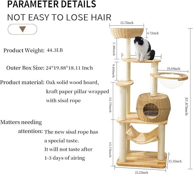 59" Big Modern Cat Tree Tower, Cat Tower Sisal-Covered Scratching Posts for Indoor Cats, Oak Wood Cat Tree for Large Cats, Multi-Level Cat Condo with Space Capsule Nest, Cat Furniture Activity Centre-PawvioPets
