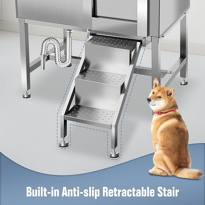 38"" Pet Dog Bathing Station W/Ramp, Professional Stainless Steel Dog Grooming Tub W/Soap Box, Faucet,Rich Accessory, Dog Bathtub for Large,Medium,Small Pets, Washing Sink for Home,R-RAMP-PawvioPets