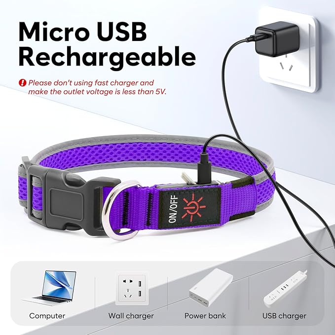Flashseen LED Dog Collar, Light Up Dog Collar Light USB Rechargeable, Adjustable Comfortable Soft Mesh Safety Collar for Small, Medium, Large Dogs(Large, Purple)-PawvioPets