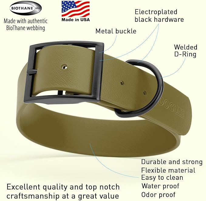 Dogline Biothane Waterproof Dog Collar Strong Coated Nylon Webbing with Black Hardware Odor- Proof for Easy Care Easy to Clean High Performance Fits Small Medium or Large Dogs, Olive Drab Green-PawvioPets