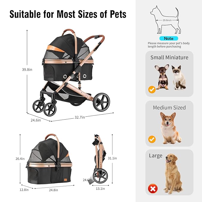EchoSmile 4 in 1 Pet Stroller, Folding Lightweight Cat & Dog Stroller with Detachable Carrier, NO-Zip 180° Reversible Canopy, All Terrain 4-Wheel,45 lbs Capacity for Small to Medium Dogs-PawvioPets