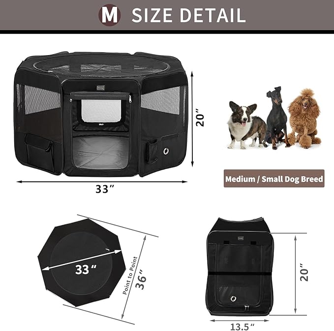 DONORO Dog Playpen Portable Pet Play Pens for Small Dog/Cat/Rabbit/Chicks, Cat Playpen Indoor/Outdoor with Carring Case, Removable Zipper Top and Bottom (Black, Medium (36"x36"x20"), 8)-PawvioPets