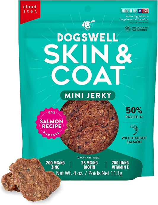 Dogswell Skin & Coat Mini Jerky Dog Treats, Salmon, 4 oz. Bag-PawvioPets