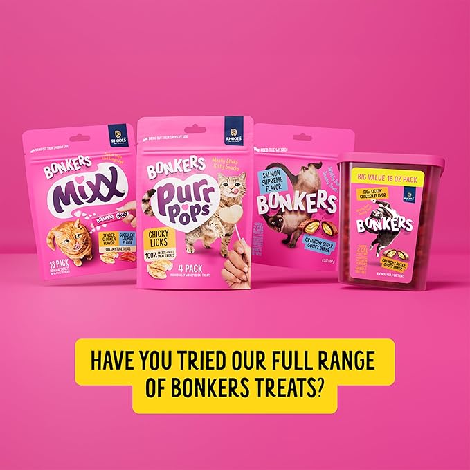 BONKERS Mixx, Wet Lickable Tube Tender Chicken Flavor Cat Treats, Real Meat Treats, Treats for Training or Food Topper, for All Breeds and Ages, Value Pack (15 Pack, 60 Tubes)-PawvioPets