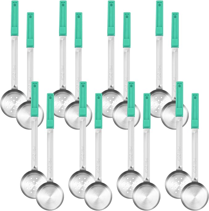 16 Pcs Portion Control Serving Spoons, Restaurant Measuring Serving Ladle Utensils, Portion Control Slotted Scoops for Weight Loss, Solid and Perforated Scoops(Green,4 oz)-PawvioPets