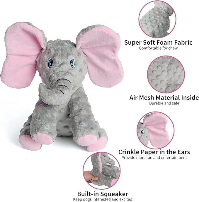 DODODOLA Dog Toys Puppy Toys Cute Squeaky Elephant Dog Toy with Crinkle Paper Stuffed Plush Animal to Keep Them Busy for Small Medium Large Dogs-PawvioPets