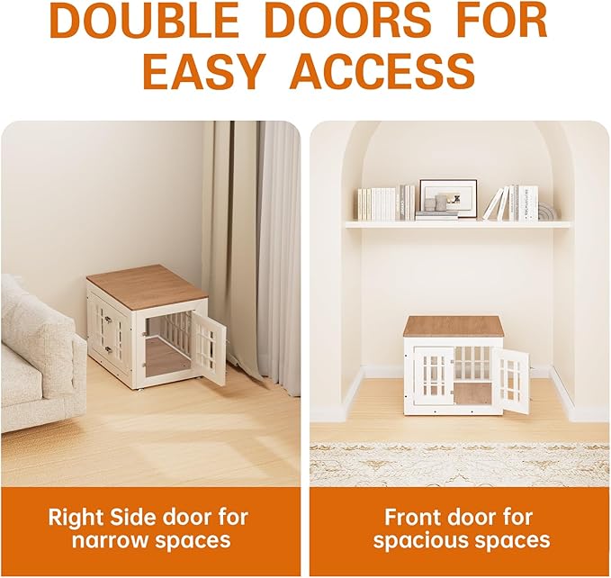 26" Heavy Duty Dog Crate Furniture for Small,Medium and Large Dogs,Rustic Wooden Dog Cage Kennel Indoor Furniture with Waterproof Top,Decorative Pet House Side End Table (White & Wood)-PawvioPets