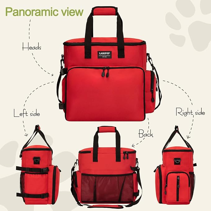 Dog Travel Bag,Weekend Pet Travel bag Set for Dog and Cat,Airline Approved Tote Multi-Function Bags for Traveling,Include 2 Collapsible Bowls,2 Food Storage Containers,1 Feeding Mat,Red-PawvioPets