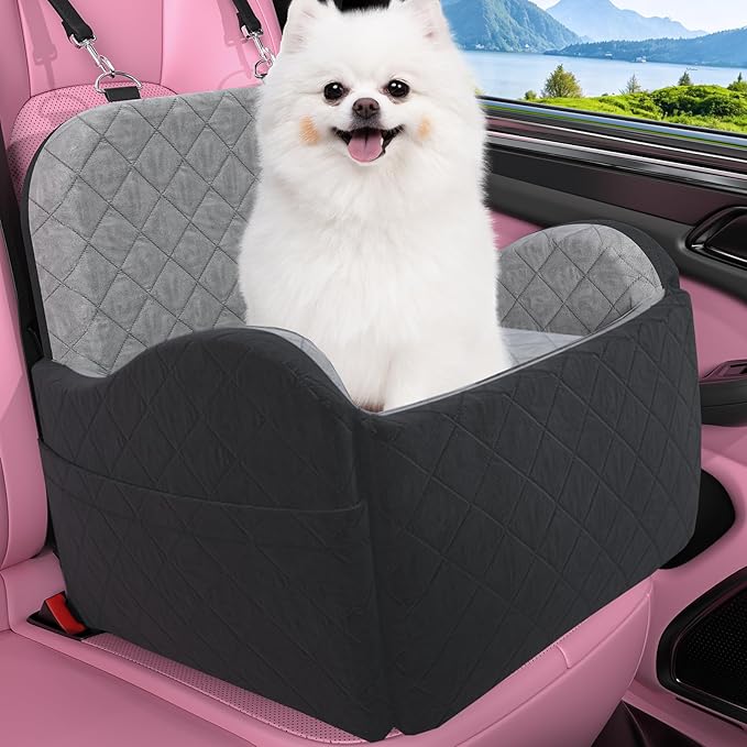 Dog Booster Car Seat, 6in Memory Foam Adjustable Booster Cushion for Small/Medium Dogs, Detachable and Washable Dog Car Seat with Cooling Mat, Pet Booster Seat with Storage Pockets, 2 Safety Belts-PawvioPets