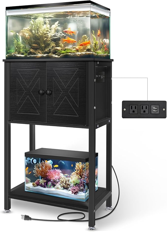 5-10 Gallon Fish Tank Stand, Heavy Duty Aquarium Stand with Cabinet & Power Outlets for Fish Tank Accessories Storage, Double Tank Stand 20.5" L* 11" W Tabletop, 220LBS Capacity Black-PawvioPets