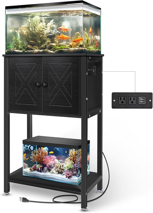 5-10 Gallon Fish Tank Stand, Heavy Duty Aquarium Stand with Cabinet & Power Outlets for Fish Tank Accessories Storage, Double Tank Stand 20.5" L* 11" W Tabletop, 220LBS Capacity Black-PawvioPets