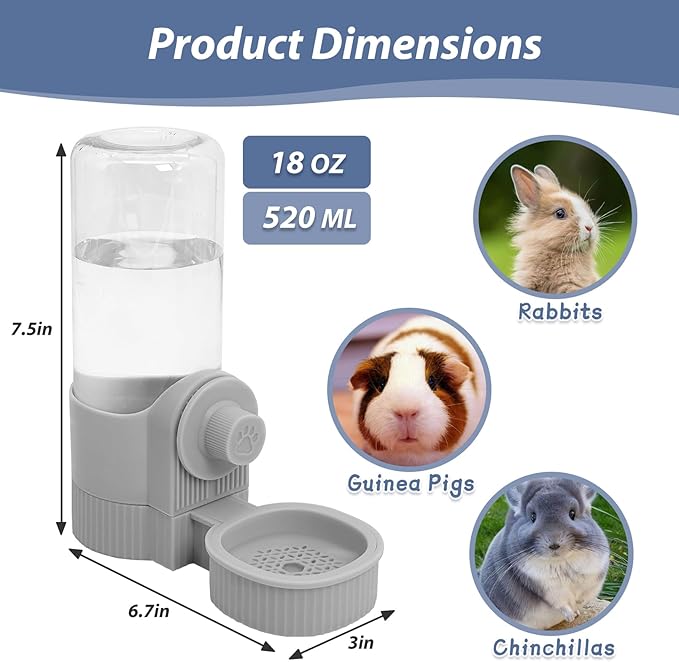 Fhiny Rabbit Water Bottle, 18oz Hanging Guinea Pig Water Bottle No Drip Gravity Automatic Bunny Water Dispenser for Cage Rabbit Waterer for Guinea Pig Bunny Chinchilla Ferret Cat Puppy-PawvioPets