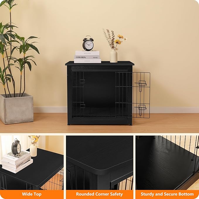 DWANTON Dog Crate Furniture with Cushion, Wooden Kennel Table with Double Doors, Indoor Dog House, Small/Medium/Large Size, 27.2" L, Black-PawvioPets