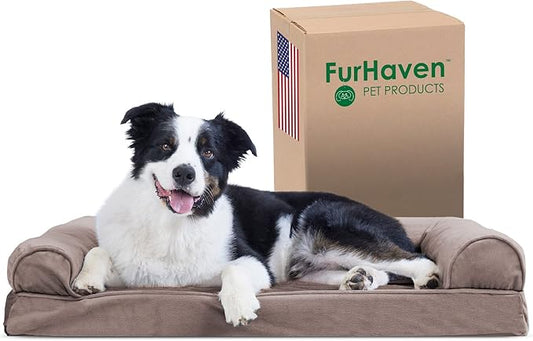 Furhaven Cooling Gel Dog Bed for Large/Medium Dogs w/ Removable Bolsters & Washable Cover, For Dogs Up to 55 lbs - Faux Fur & Velvet Sofa - Driftwood Brown, Large-PawvioPets