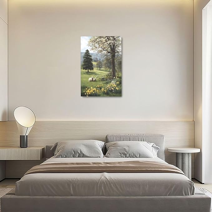 Country Sheep Canvas Wall Decor Farmhouse Rustic Lamb Wildflower Wall Art Nature Countryside Landscape Pictures Painting Print Framed Artwork Decorations for Bathroom Living Room Bedroom 16"x24"-PawvioPets