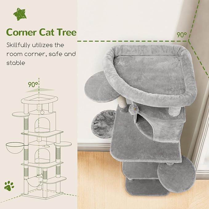 Globlazer Corner Cat Tree for Large Cats, 66inch Tall Curved Series Large Cat Tower for Multiple Indoor Cats with 6 Scratching Posts, 2 Spacious Cat Condos, Hammock, Hanging Basket, C66, Light Grey-PawvioPets
