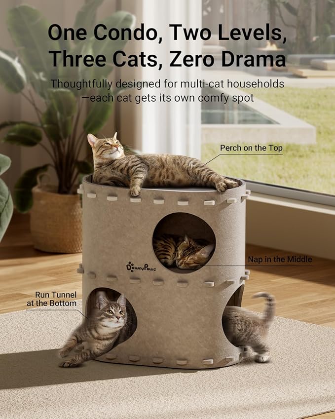 DownyPaws Cat House for Indoor Cats, 2-Storey Foldable Cat Bed Cave, Felt Cats Tunnel Bed Condo, Castle Kitten Cube Hideaway for Multicats, Scratch Resistant, Cream-PawvioPets