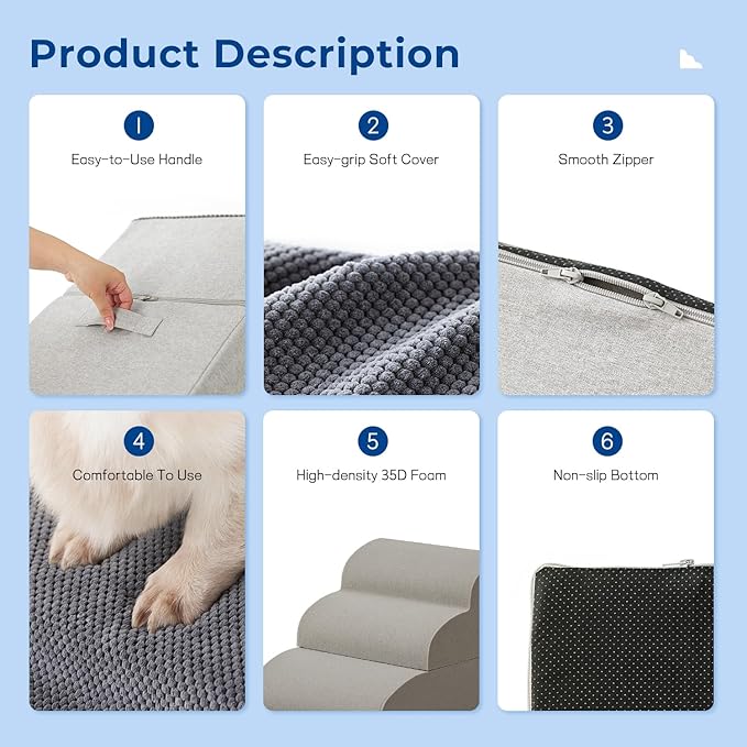 Dog Stairs for High Beds 22.8" H - Pet Stairs Ramp for Couch, 35D Foam Dog Steps for Small to Large Dogs with Non-Slip Bottom Grey, 5 Steps-PawvioPets