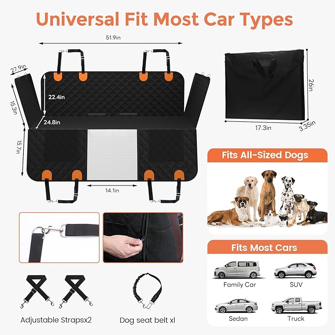 Back Seat Extender for Dogs - Holds 450lbs, Waterproof Dog Car Seat Cover for Back Seat with Hard Bottom for Cars SUVs Truck,Anti-Scratch No Slip Large Space Pet Backseat Protector,Black-PawvioPets