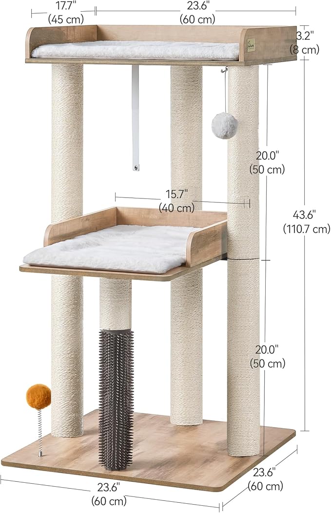 FourFurPets 43.7" Cat Tree, Modern Cat Tree Tower, Cat Tower for Indoor Cats Large Adult, Cat Condo with Scratching Post, Large Perch and Removable Pads, Greige-PawvioPets