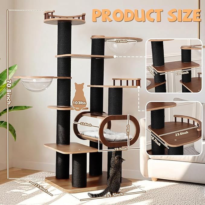 70.8'' Tall Luxury Cat Tree,All i,ne One Black Walnut Wood Modern Cat Tower for Indoor Large,Huge Multi-Level Cat Furniture with Scratching Posts,Condo,Cushion,Clear Bowl,Platform for Home Decoration-PawvioPets