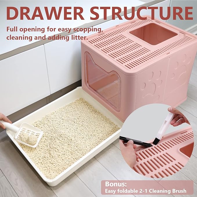 Foldable Cat Litter Box with Lid, Enclosed Potty, Large Top Entry Anti-Splashing Toilet, Easy to Clean Including Litter Scoop and 2-in-1 Cleaning Brush (Pink)-PawvioPets