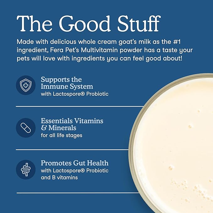 Fera Pets Goat Milk Topper - Multivitamin for Dogs & Cats with Probiotics - Supports Overall Health, Gut Health, and Immune System - for Picky Eaters - 60 TSP-PawvioPets