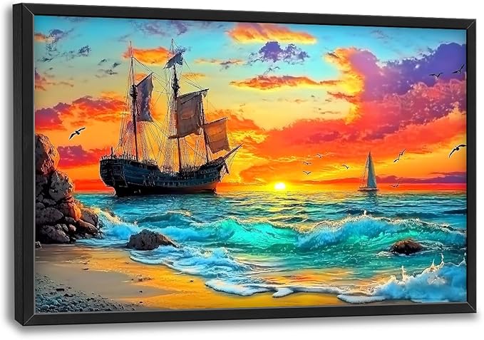 Framed Large Ship Wall Art for Living Room, Oversized Coastal Beach Boat Wall Decor Nautical Seascape Sailboat Canvas Painting Modern Artwork Home Decoration for Living Room Bedroom 36"x24"-PawvioPets