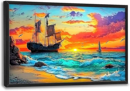 Framed Large Ship Wall Art for Living Room, Oversized Coastal Beach Boat Wall Decor Nautical Seascape Sailboat Canvas Painting Modern Artwork Home Decoration for Living Room Bedroom 36"x24"-PawvioPets