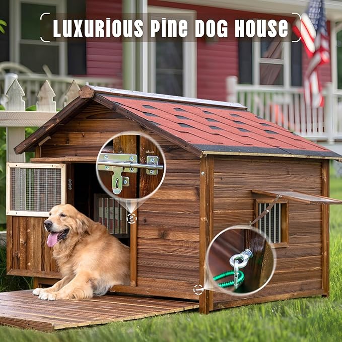 Extra Large Dog House Outdoor Made of Solid Pine Wood, Warm Doghouse, Dog House with Elevated Floor for Large Dogs, (Wood, 5XL)-PawvioPets