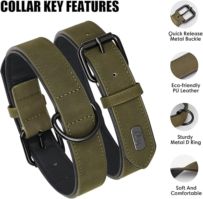Didog Soft Padded PU Leather Dog Collar, Breathable and Adjustable Dog Collars for Medium Dogs, Comfortable for Daily Walk, Dark Green, L Fit Neck 13-17"(22-44 lbs)-PawvioPets