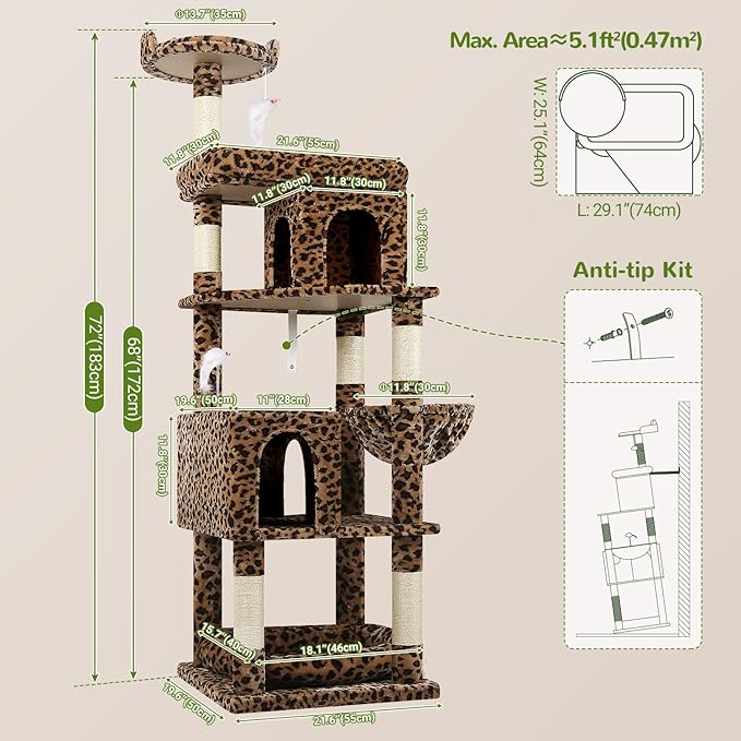 Globlazer Heavy Duty Cat Trees for Large Cats, Sturdy 72in Maine Coon Cat Tree for Large Cat 20 lbs+ Heavy Duty Cat Tower for Adult Biggest Cats with 6 Scratching Posts, Hammock, S72, Leopard Print-PawvioPets