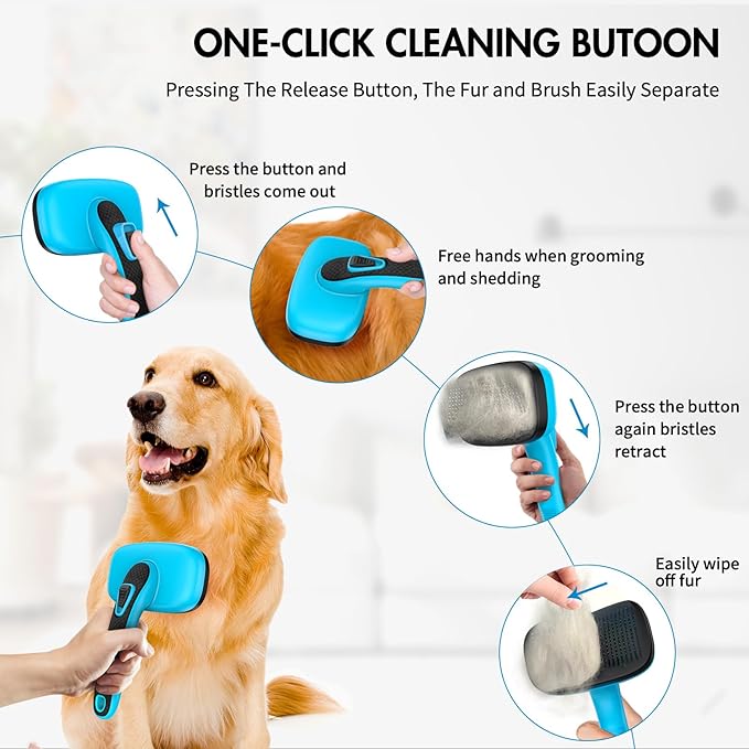 Dog Self Cleaning Slicker Brush for Shedding, Ideal for Short Long Haired Dogs, Including Cat. Removes Loose Fur, Undercoat, Mats, Tangled Hair. Suit for Large Medium Small Animal. Blue-PawvioPets