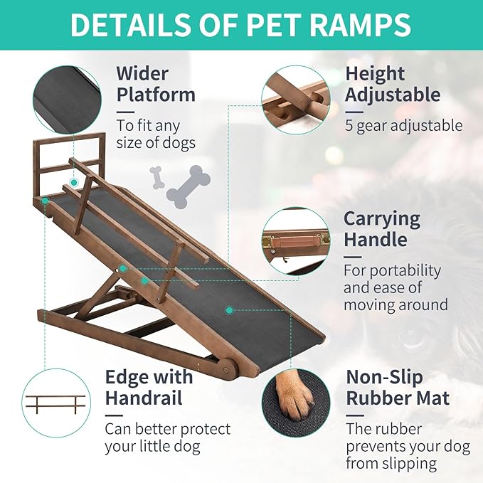 Dog Ramp, 5 Level Adjustable Height Folding Pet Ramp for High Bed, Portable Paw Ramps Large Bed Ramp for Medium & Large Old Dogs & Cats - Natural Wood Furniture Quality-PawvioPets