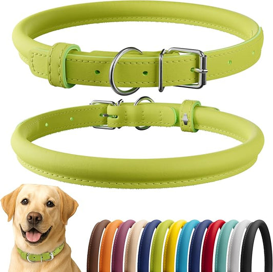 CollarDirect Rolled Leather Dog Collar, Soft Padded Round Puppy Collar, Handmade Genuine Leather Collar Dog Small Large Cat Collars 13 Colors (18-22 Inch, Lime Green Smooth)-PawvioPets