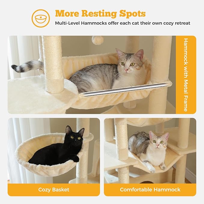 81" Heavy Duty Cat Tree for Large Cats up to 20lbs - Extra Tall Cat Tower with Metal Frame Hammock, 6 Sisal Scratching Posts, 2 Perches - Indoor Cat Furniture for Maine Coon, Big Cats, Beige-PawvioPets
