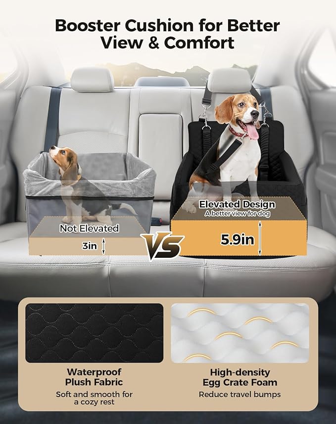 Dog Car Seat for Small & Medium Dogs Under 35lbs, Detachable & Washable Pet Car Seat, Interior Height 6 Inches Pet Travel Bed with Storage Pockets and 2 Dog Safety Belts (Black)-PawvioPets