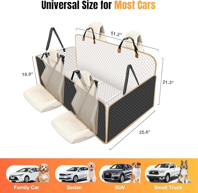 Dog Car Seat Cover for Back Seat, Dog Car Bed Cover with Strong Hard Bottom, Car Back Seat Extender Hammock for Car SUV Truck 4 Panels Beige Color-PawvioPets