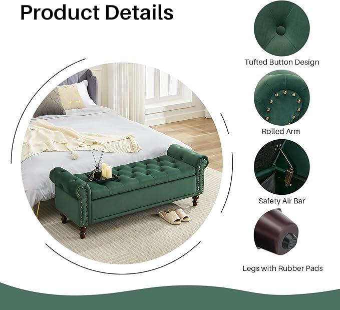 58.1'' Storage Bench Upholstered Velvet End of Bedroom Bed Bench Ottoman with Tufted Cushioned Rolled Arm Large Storage Space for Reading Living Room Entryway,Dark Green-PawvioPets