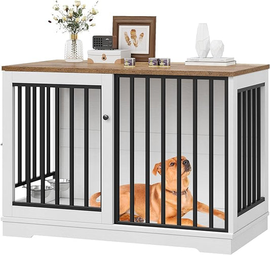 Dog Crate Furniture 47" Large Dog Kennel for Dogs Indoor, Heavy Duty Dog Cage with Sliding Door and 2 SUS Bowls Wooden End Table in Living Room for Small Medium Large Dogs, White-PawvioPets
