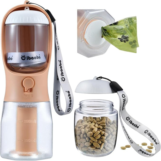 Dog Water Bottle with Food Container & Poop Bag Holder, Travel Water Bowl, Portable Pet Dispenser, Dog Stuff Accessories Items, Puppy Essentials Necessities for Yorkie Chihuahua Walking Hiking-PawvioPets