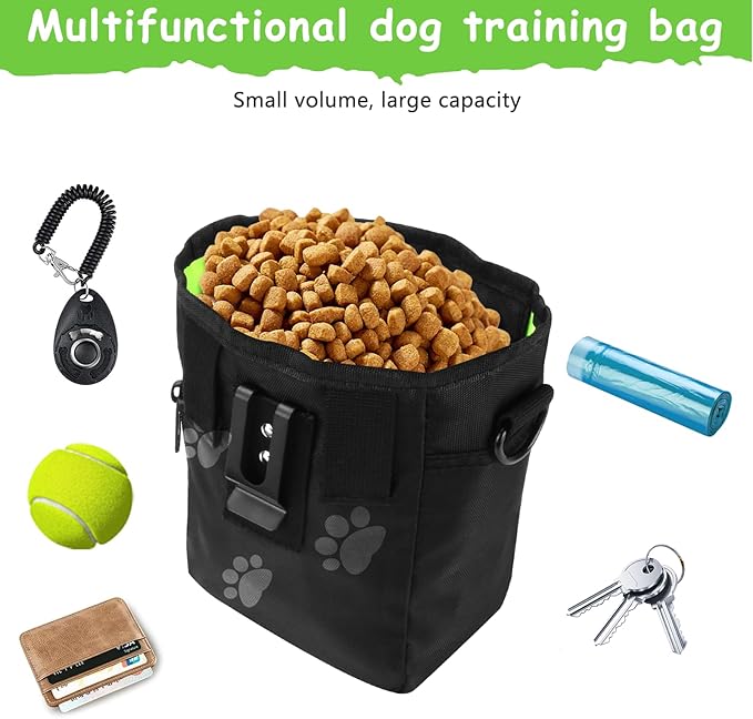 Dog Treat Pouches for Pet Training, Treat Pouches for Pet Training,Large Dog Treat Training Pouch and Dog Clicker,Dog Training Treat Pouch Built-in Poop Bag Dispenser-Black Pattern.-PawvioPets
