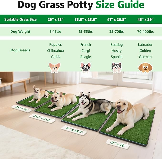 Dog Grass pad with Tray,41”x 26.8” Indoor Dog Potty with 2 Packs Replacement Artificial Fake Grass-5 Packs Disposable Puppy Pads,for Puppy Training Apartment, Outdoor Use-PawvioPets