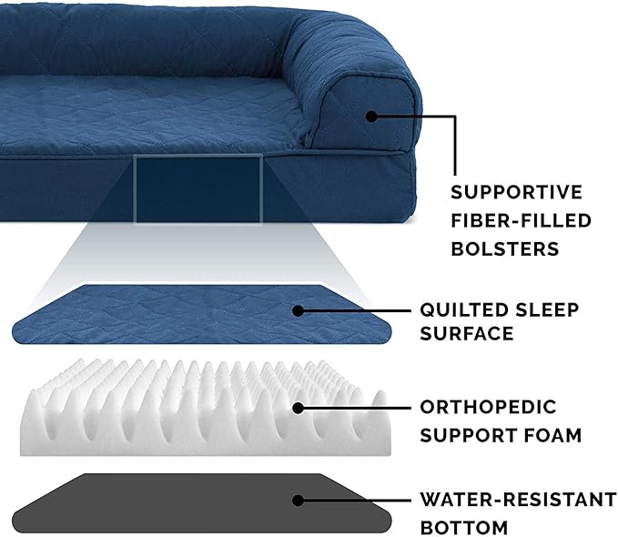 Furhaven Orthopedic Dog Bed for Large/Medium Dogs w/ Removable Bolsters & Washable Cover, For Dogs Up to 55 lbs - Quilted Sofa - Navy (Blue), Large-PawvioPets